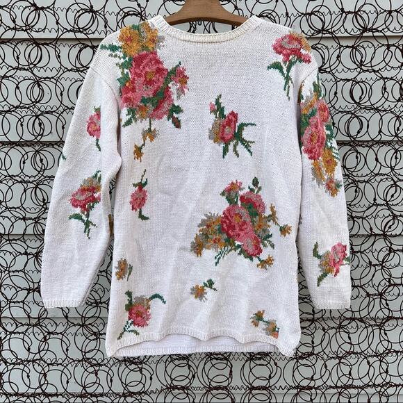 Vintage 90s Adrienne Vittadini floral pastel cotton blend knit sweater - Picture 1 of 5